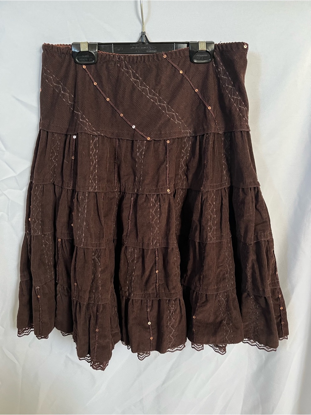 Nevada -Brown Tiered A-Line Skirt with Embroidered Detail